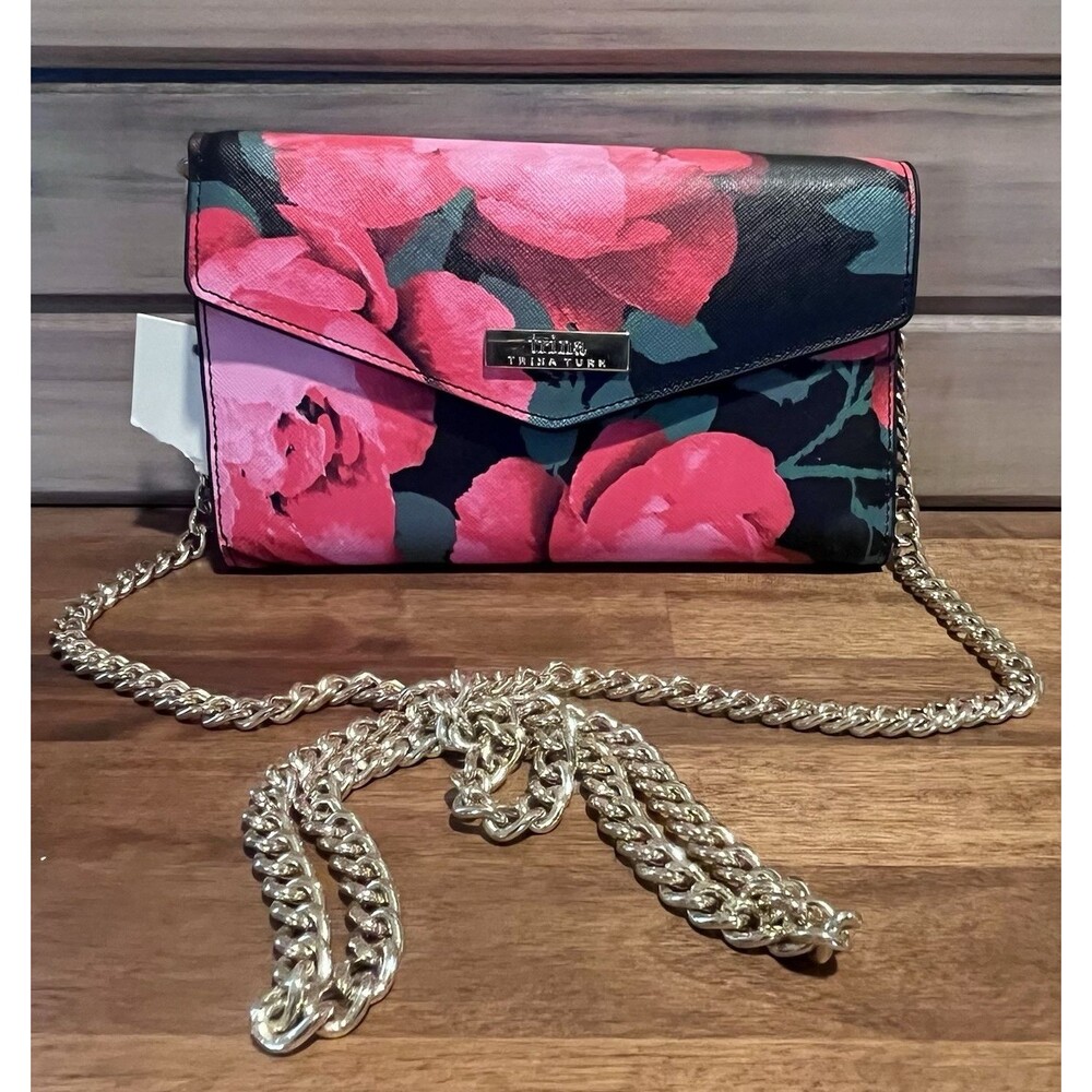 NWT Trina Turk Chain Strap Black Floral Trifold Crossbody Wallet Clutch